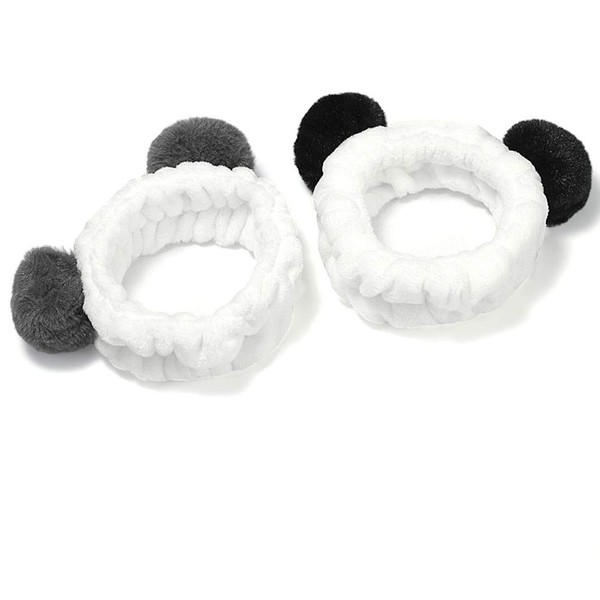 2pcs Cute Panda Ear Headband Soft Elastic Coral Fleece Hair Band with Pompons for Ladies Fashion(Black Ear and Grey Ear)
