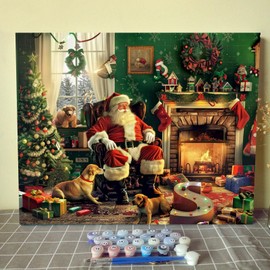 Aihonmin Santa Claus and Dog Paint by Numbers Kits for Adult Beginners Style Paint by Numbers Christmas Tree Painting by Numbers Arts Craft Kits Canvas Drawing for Home Without Framed 16''W x 20''H
