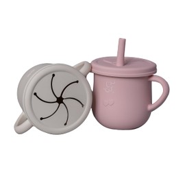 PAPU BABY Set de 2 Vasos/Tazas Entrenador de silicón con popote y tapa para Snack (Rosa Pastel/Beige)