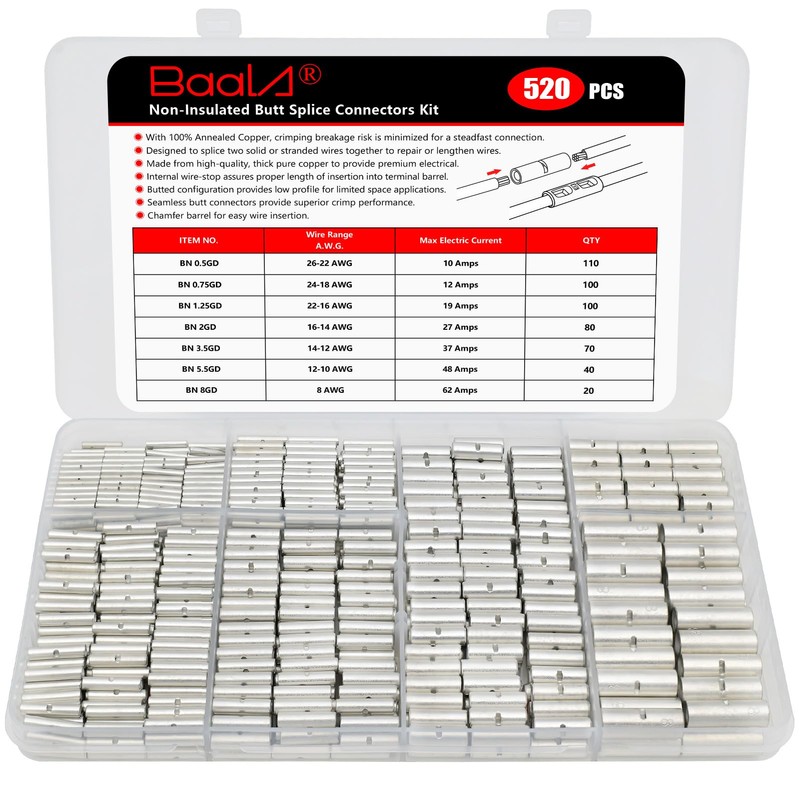 BAALA 520 PCS Non Insulated Butt Connectors Kit,26-8 Gauge Butt