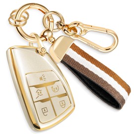 Coverforkey for Buick Key Fob Cover with Nylon Webbing Keychain, Fashionable Matte Metallic Soft Case for for Avenir Envision Encore Chevy Suburban Tahoe Sierra (5 Buttons) (Champagne Gold, B1)