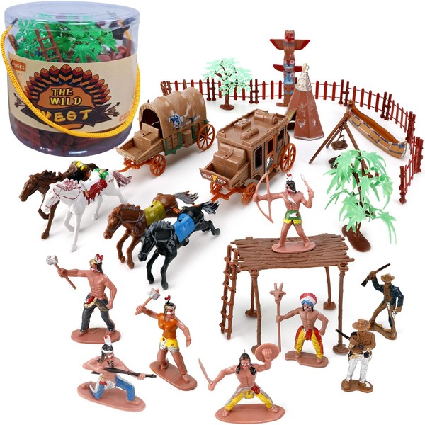 Liberty Imports 58 PCS Wild West Cowboys and Indians Plastic Figures Play Set, Educational Toys Bucket of Native American Indians Plastic Action Soldiers Figurines and Accessories