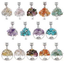 SUPERFINDINGS 28Pcs 14 Styles Tree of Life Gemstone Pendants Crystal Quartz Chakra Pendant Charms Mixed Gemstone Chip European Flat Round Large Hole Dangle Charm with Alloy Finding for Jewelry Making,