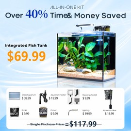 3 Gallon Small Aquarium Set Glass Fish Tank, Starter Kit with Heater Water Pump Cleaning System Filter Bright Light Rocks Gravel Cleaning Tool, Leak-Proof Clear Rimless Desktop Spaces Saving Betta