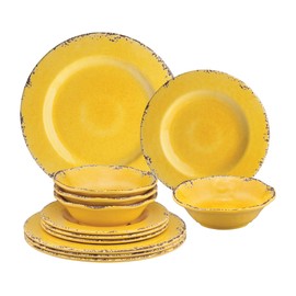 UPware 12 Piece Crackle Melamine Dinnerware Sets, Outdoor Dishes Set, Plates and Bowls Sets, Service for 4, Yellow