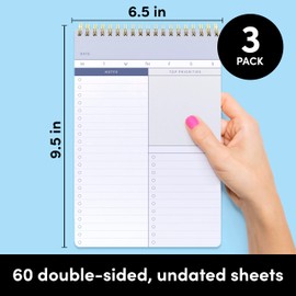 PAPERAGE To Do List Notepad, Daily To Do List Notebook, 60 Double-sided Tear-off Sheets, 3 Pack, 6.5" x 9.5", Undated Daily Planner Checklist for Office, School or Home (Blue/Grey)