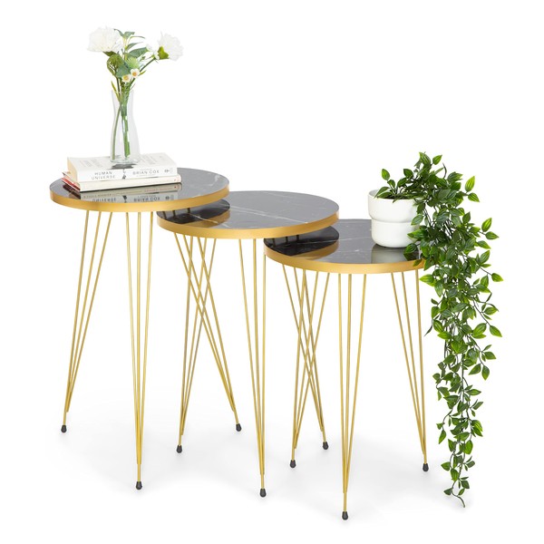 Bravich Set of 3 Side Coffee Tables, Nesting Tables,Round End Tables, Modern Style, Metal Gold Colour Legs, Black Marble Effect Top for Living Room, Dining Room, Bedroom