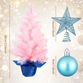 24 Inch Tabletop Mini Christmas Tree Set with Led Lights, 24 Christmas Ball Ornaments, Star Tree Topper, Pre-Lit Mini Artificial Tree Decoration for Xmas Table Indoor Holiday(Ice Blue, Pink Tree)