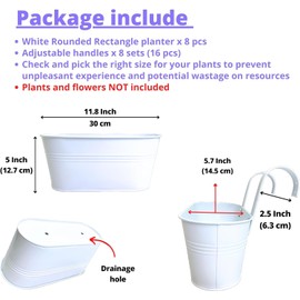 Maxona Metal Iron Hanging Flower Pots, 8 Pack, 11.8 Inch Oval White Railing Fence Hanging Bucket Pots Countryside Style Window Flower Plant Holder with Detachable Hooks Home Décor