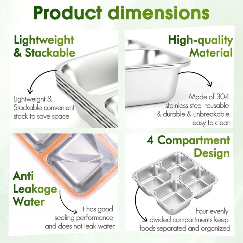 Stainless Steel Snack Containers, 4 Compartment Bento Snack Box with