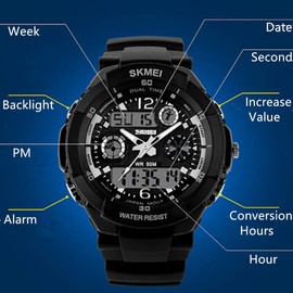 SKMEI 5ATM Military S-SHOCK LED Digital Waterproof Alarm Sport Quartz Wrist Watch (Black), Black, Strap