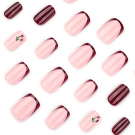 24 Pcs Pink Press on Nails Short Square Nail Tips,YEFIUO Wine Red French Acrylic Nail Art Kit Fall Fake Nails Press ons Glue on Nails Full Cover Reusable False Nails Stick on Nails Supplies for Ma'am