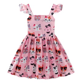 Baby Girls Dress Pink Cat Flutter Sleeve Swing Sundress Toddler Summer Back to School Dress Kids Cat Outfits 6-7 Years