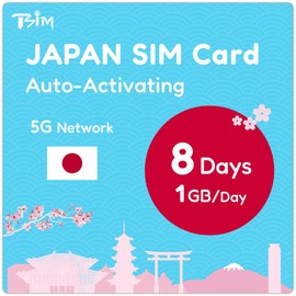 TSIM Japan SIM Card 8 Days | 1GB High Speed Data Per Day in 5G/4G/LTE (Data Sharing Allowed) + Unlimited Low Speed Data | New Upgraded 5G SIM Card! Data Only No Voice.
