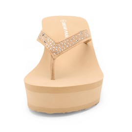 DREAM PAIRS Womens Platform Flip Flop Rhinestones Arch Support Comfortable Soft Cushion Wedge Flip Flops Summer Thong Sandal SDFF2222W, Nude - 12