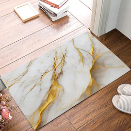 Front Door Mat, White and Gold Marble Door Mat, Low Profile Non-Slip Floor Mats 18x30in, Absorbent Welcome Mat for Indoor Entrance, Entry, High Traffic Area