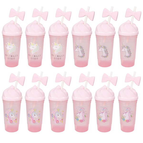 FEOOWV Unicorn Cups with Lids and Bowknot Straws, Plastic Cup for Iced Water Juice Milk Tea,Pack of 12pcs (Pink)