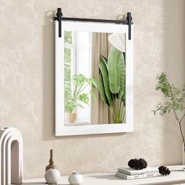 CHARMAID Farmhouse Wall Mirror, 30" x 22" Barn Door Style Wall Mounted Mirror for Vanity, Solid Wood Frame, Metal Bracket, Rustic Wall Decor for Living Room Entryway, Vertical Mirror, White
