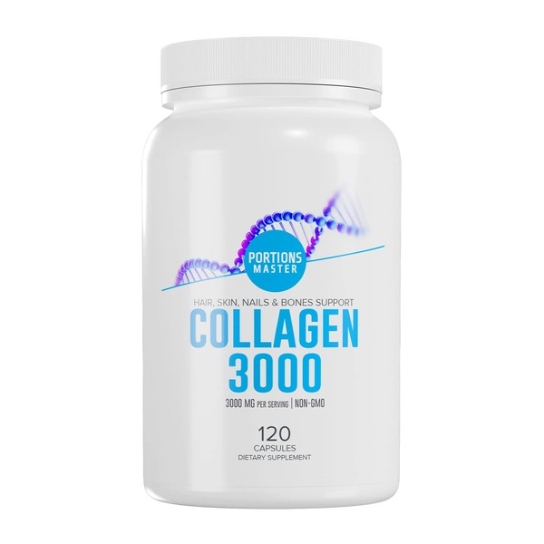 Portions Master Collagen 3000mg - 120 Capsules, Non GMO, Hair