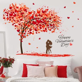 Valentine's Day Wall Decals Large Tree Wall Stickers Red Love Heart Wall Mural Decors Valentines Peel and Stick Wall Mural for Wedding Anniversary Party Home Decor Living Room