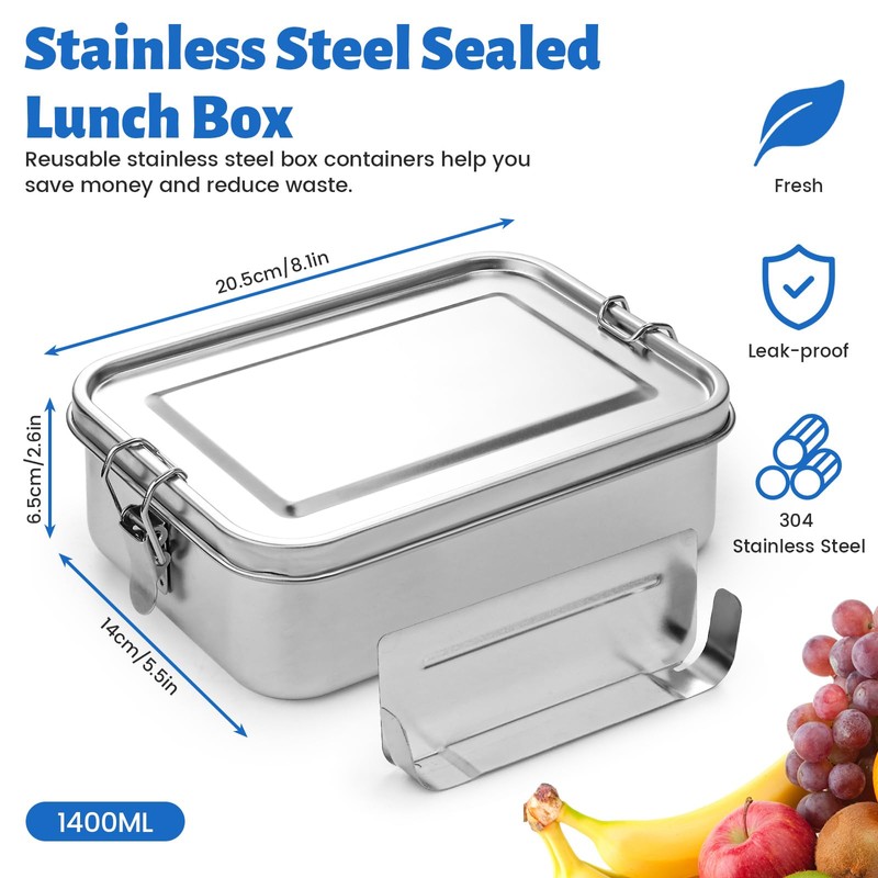 Large 1400ML Stainless Steel Food Containers, 304 Stainless Steel Food