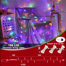 33ft 100 LED Christmas Lights Outdoor - 8 Modes Christmas String Lights Clear Wire with Time Memory, Waterproof Plug in Fairy String Lights for Indoor Outdoor Home Party Garden Decoration, Multicolor