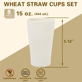 EI 8pcs Wheat Straw Cups,Beige Plastic Reusable Cups,15oz Unbreakable Plastic Tumbler Cups,Cups for Kitchen,Dishwasher Safe Water Plastic Glasses,Drinking Glasses for Water, Coffee, Juice, Tea