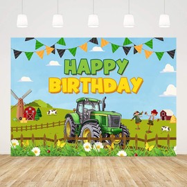 AIBIIN 7x5ft Tractor Birthday Backdrop for Boys Happy Birthday Photography Background Green Grass Farm Flag Red Barn Truck Party Decorations Banner Photo Studio Props