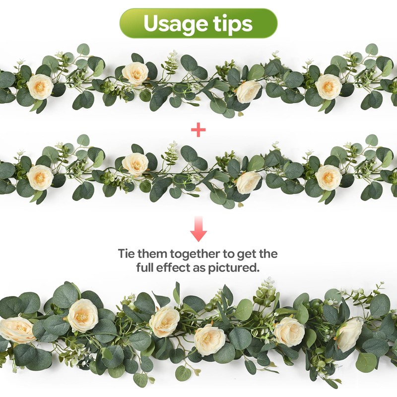 2 Pack 12FT Artificial Eucalyptus Flower Garland with 6 Champagne