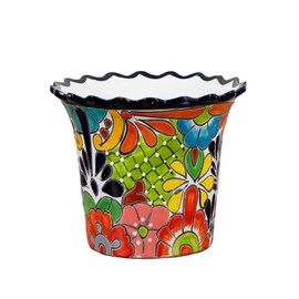Nearly Natural 10-in x 12-in Handcrafted Mexican Talavera Ceramic Planter – Vibrant Hand-Painted Decorative Art Pot with Drainage Hole