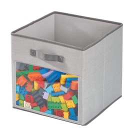 iDesign Emmy Fabric Storage Cube Bin with Front Window, Medium Basket Container with Dual Side Handles for Closet, Bedroom, Toys, Nursery, Gray