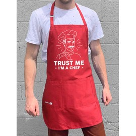 ApronMen - Trust Me I'm a Chef - Funny BBQ Apron for Dads - 1 Size Fits All Chef Quality Cotton 4 Utility Pockets, Adjustable Neck and Extra Long Waist Ties - Red Color