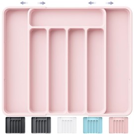 Kitsure Cutlery Drawer Organiser for Kitchen - Adjustable Cutlery Tray for Effortless Utensil Sorting, Versatile Kitchen Storage & Organisation Solution, 12.13" x 1.54" x 8.07"~13.90", Pink