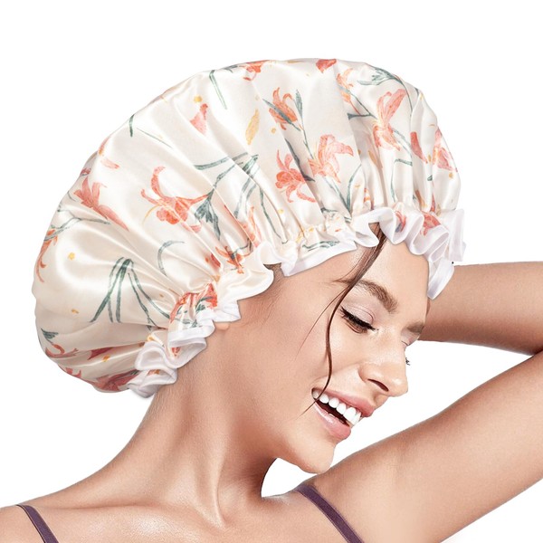 Aquior Shower Cap for Women, Reusable Shower Caps, Double Layer Waterproof for Women and Girls, Adults, Hair Cap for All Hair Lengths with EVA Lining, Soft Shower Caps for Long,