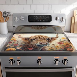 Stove Top Covers for Electric Stove,Highland Cow Flower Rubber Flat RV Range Stovetop Protector,Prevents Scratching, Expands Usable Space 28.5'' x 20.5''