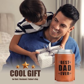 Gifts for Dad Best Dad Ever Leather Can Cooler Sleeve – Insulated Beer Can Holder for Dad, Stepdad, Grandpa, Husband, Father’s Day Birthday Gift, Christmas Stocking Stuffer, Retirement Present for Men