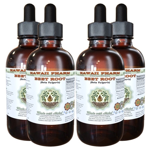 Hawaii Pharm Beet Root Alcohol-Free Liquid Extract, Organic Beet Root (Beta Vulgaris) Glycerite Natural Herbal Supplement 4x4 oz