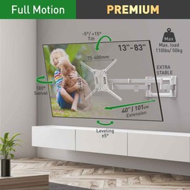 Barkan 40" Long White TV Wall Mount, 13 - 80 inch Dual Arm Full Motion Articulating - 4 Movement Flat / Curved Screen Bracket, Holds up to 110lbs, Extra Stable, Fits LED OLED LCD