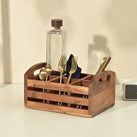 Brick Brown Handcrafted Premium Wooden Cutlery Holder | Premium Spoon, Knife Stand for Dining Table | Wooden Multipurpose Spoons Organizer | Handcrafted Tableware Storage Box (10.8x7.7x5.6IN)