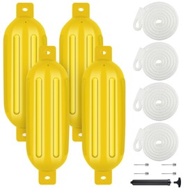 VEITHI Boat Fenders 4 Pack, Ribbed Twin Eyes Vinyl Boat Fenders Bumpers, Boat Bumpers for Docking Come with Ropes Needles and Pump to Inflate, Small Bumpers of Boats 4.5 x 16 inch Neon Yellow