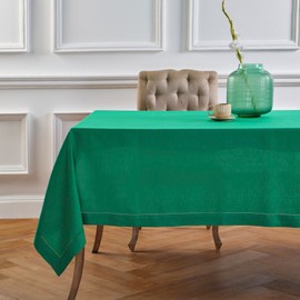 Solino Home Emerald Green Linen Tablecloth 90" L x 60" W Inch – 100% Pure Linen Classic Hemstitch Tablecloth – Machine Washable Dining Christmas Tablecloth