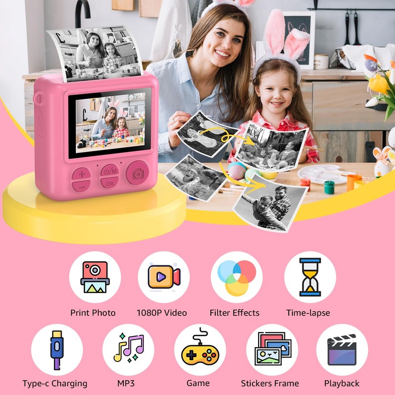Instant Print Camera for Kids Age 3-12 Girls Boys 1080P