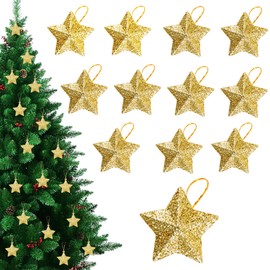 Pack of 12 Christmas Decoration Gold, 5 cm Sparkling Poinsettias, Golden Christmas Tree Decoration Pendants, Glitter Christmas Tree Decoration, with Lanyards for Tree Decoration, Fireplace, Window,