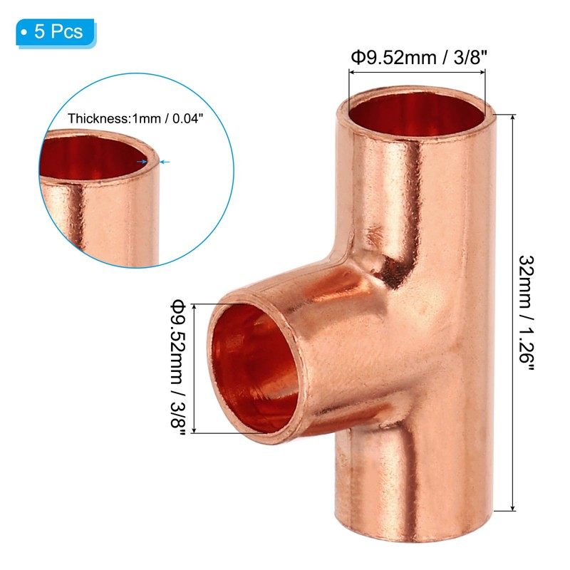 PATIKIL Copper Fittings 9.52mm Inner Diameter 1mm Thick T Copper