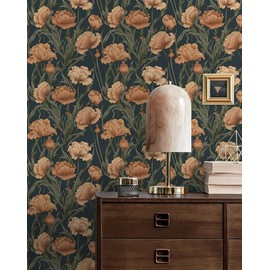 HeloHo Peel and Stick Wallpaper Dark Blue Contact Paper Vintage Floral Butterfly Wall Paper Removable Self Adhesive Wallpaper for Cabinets Bathroom Bedroom Decorative Vinyl Roll 17.3" X 78.7"