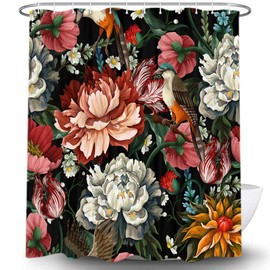 Black Boho Floral Shower Curtain, Unique Colorful Bohemian Mandala Beautiful Dark Flower Leaves Bathroom Curtain, Mid Century Spring Bright Blossom Modern Aesthetic Accessories 69Wx72H Inch