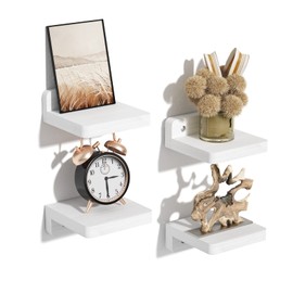 SRIWATANA Small Floating Shelves for Wall Set of 4, Decorative Wooden Shelves Wall Mounted for Bedroom, Living Room, Bathroom, Kitchen, White