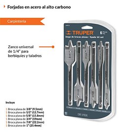 Truper J-BPT-6, Juego de brocas planas de manita, 6 piezas