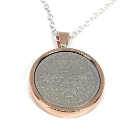 Solid Pendant 1955 70th gift Birthday Sixpence plus 18in Sterling Silver Chain Rose GLD