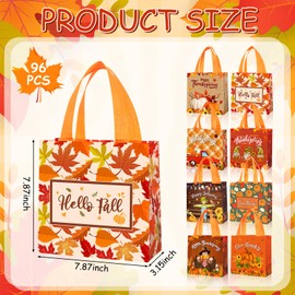 Windyun 96 Pcs Fall Bags Bulk Thanksgiving Non Woven Candy Goodie Treat Tote Gift Tote Party Favor Bags with Handle for Gifts Wrapping Party Favors, 7.9 x 7.9 x 3.5 Inches